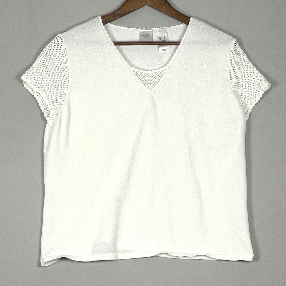 Emma James Knit Top Women XL White Excellent Vintage Y2K Crochet Mesh V-Neck